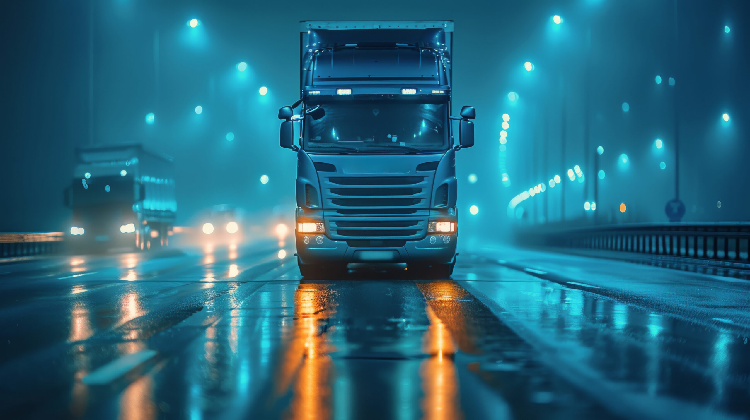 Semi Truck Driving Down Wet Road at Night